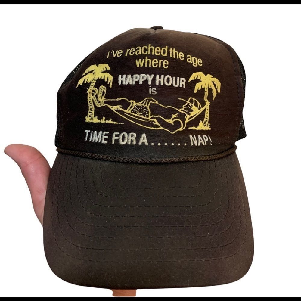 Vintage happy hour old age brown snapback trucker mesh hat cap.